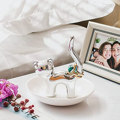 PUDDING CABIN Cat Ring Holder Gift for Women, Cat Mom Mothers Day Gifts, Birthday Gifts for Women Girls Friends, Cute Kitty Ceramic Jewelry Rings Earrings Necklace Holder Home Decor - style: Sliver Cat