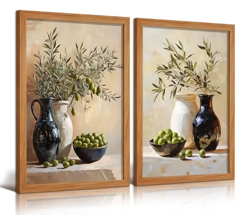 EEYNAQQ Olive Branch Still Life Wall Art, 2-Piece Wood Framed Canvas Painting, Neutral Kitchen Wall Decor for Living Room Bedroom, 16x24 Inches Ready to Hang - color: Green Olive Wall Art Wooden Frame, size: 16x24 Inches