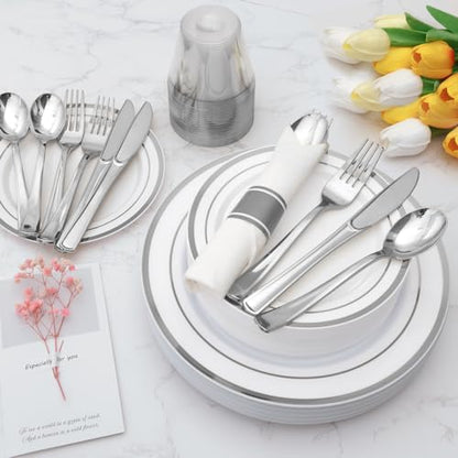 350 Piece Silver Plastic Dinnerware Set for 50 Guests | Disposable Dinnerware Includes: 50 Dinner Plates, 50 Dessert Plates, 50 Pre Rolled Napkins with Silver Silverware, 50 Cups - color: Silver, style: 350 Piece (50 guests)