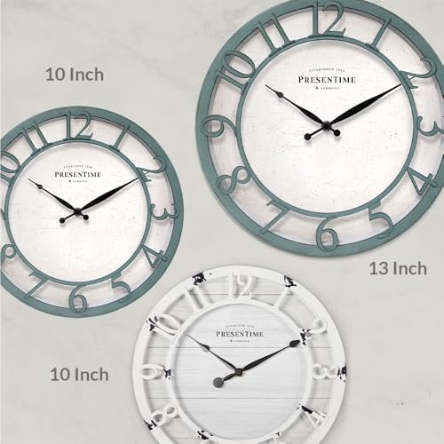 13" Farmhouse Series Wall Clock | Shiplap Style, Silent No Ticking, Coastal Clock, Raised 3D Arabic Numeral, Aged Teal Finish - color: Aged Teal Finish, size: 13 inch