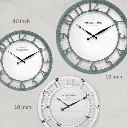 13" Farmhouse Series Wall Clock | Shiplap Style, Silent No Ticking, Coastal Clock, Raised 3D Arabic Numeral, Aged Teal Finish - color: Aged Teal Finish, size: 13 inch