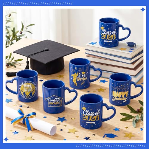 Pickmesh Graduation Coffee Mug Set of 6, 10oz Ceramic Coffee Cups with Heart-Shaped Handles, Navy Blue and Gold Class of 2026, Congrats Grad, Bulk Graduation Gifts for Party Favors - color: Blue, style: Graduation