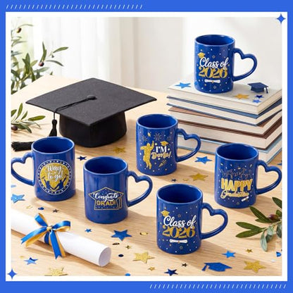 Pickmesh Graduation Coffee Mug Set of 6, 10oz Ceramic Coffee Cups with Heart-Shaped Handles, Navy Blue and Gold Class of 2026, Congrats Grad, Bulk Graduation Gifts for Party Favors - color: Blue, style: Graduation