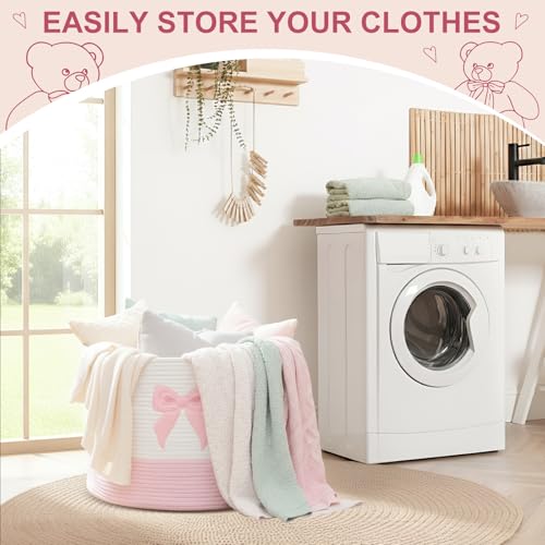 LemonRoad Pink Bow Extra Large Cotton Rope Basket 20"x14", Embroidered Woven Baby Laundry Blanket Basket Box with Handle Storage, Blanket Storage for Living Nursery Pillows Laundry Baby Toy Chest - style: Bow