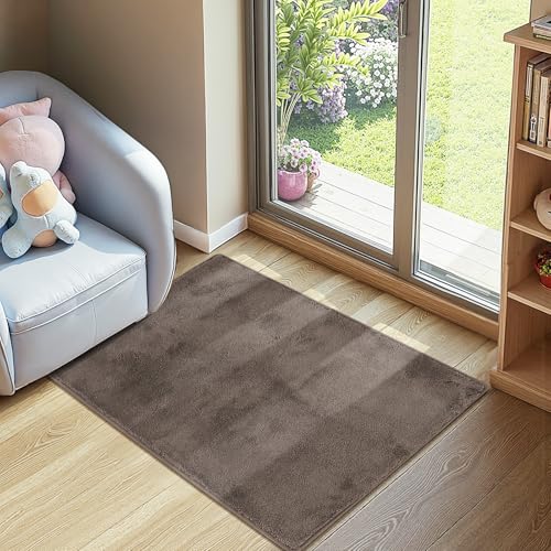 jinchan 2x3 Solid Plush Area Rug Shaggy Washable Entryway Rug, Brown | Soft, Cozy, Non-Slip, Modern, Faux Wool, Performance Rug, Floor Carpet, Doormat, Kids Room, Laundry Room, Bathroom, Kitchen - color: Solid Brown, size: 2' x 3' (Rectangular)