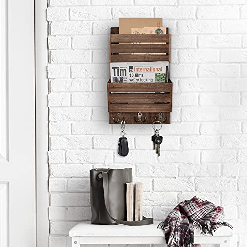 Unistyle Mail Organizer with 4 Hooks, Rustic Brown Wall Mount, Cedar Wood Key Holder for Letters, Magazines, Keys, Dog Leashes - color: Brown