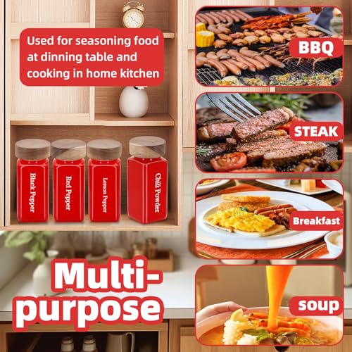 6Pcs 4 oz Square Glass Spice Jars with Label, Empty Spice Containers with Wooden Lids, Square Seasoning Containers and Supplement Set, Small Seasoning Bottles for Salt, Sugar, Pepper (Red) - color: Red