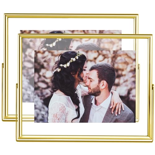 5x7 Floating Picture Frames Set of 2, Made of Metal and Double Real Glass, for Photo Size up to 7x9, Tabletop Display Home or Wedding Decoration (Horizontal Gold) - color: Gold (Horizontal), size: 7x9 for 5x7 (2 Pcs)