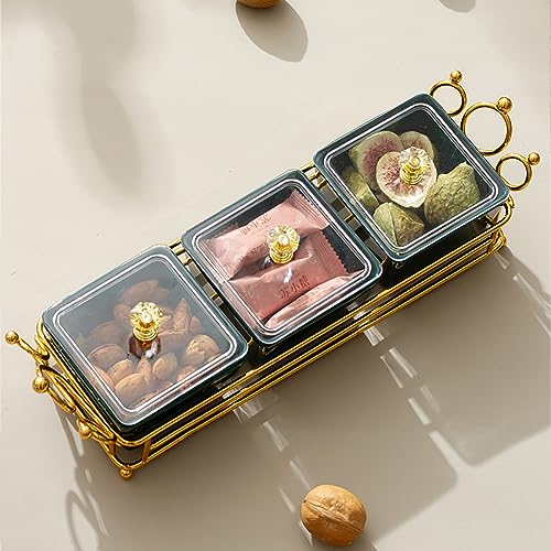 YA JU Ceramic Bowls and with Lid Gold Basket Trays, 3 Removable Small Bowls Condiment Trays Nut Serving Set for Snacks, Fruits, Candy and Condiments - Great for Parties, Green - color: Green 3- Grid Crown Tray