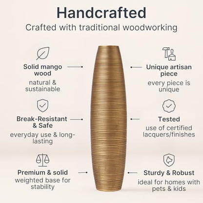 LEEWADEE Large Floor Vase – Handmade Flower Holder Made of Wood, Sophisticated Vessel for Decorative Branches and Dried Flowers, 43 inches, Golden | Decorative Vase for Living Room, for Branches & Dried Herbs. Stronger than ceramic, without water. Bohemia
