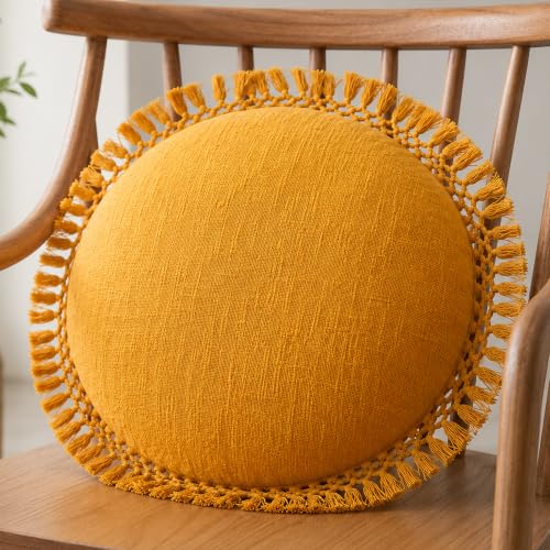 Indigo Ink Round Yellow Decorative Throw Pillow with Tassels - 20" x 20" | Cotton Throw Cushion for Couch, Chair, Bed | Cute Home Decor | Soft Plush Filling | Tufted Medallion Collection - color: Tufted Medallion Yellow (2026 Version), size: 20" Round