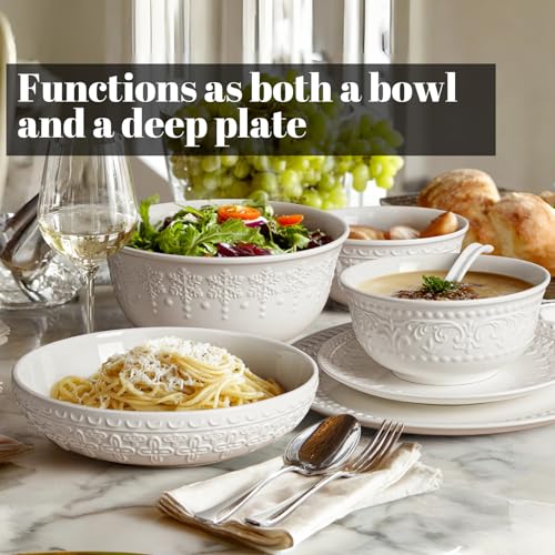 Pasta Bowls 32oz, Ceramic Large Salad Bowls 8 inch, White Embossed Soup Bowl Set of 4 for Entertaining, Serving, Dinner, Wide Shallow Microwave Dishwasher Oven Safe (Four-Leaf Clover) - color: Four-Leaf Clover
