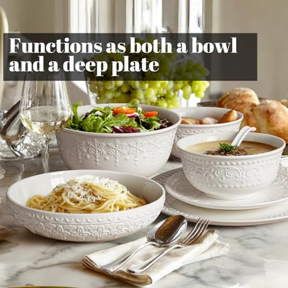 Pasta Bowls 32oz, Ceramic Large Salad Bowls 8 inch, White Embossed Soup Bowl Set of 4 for Entertaining, Serving, Dinner, Wide Shallow Microwave Dishwasher Oven Safe (Four-Leaf Clover) - color: Four-Leaf Clover