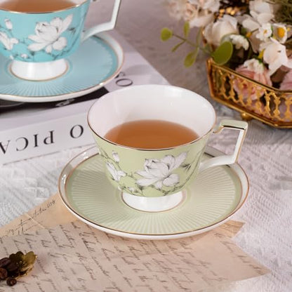 KAMMAK Ceramic Coffee Cups Saucers Set of 2, Porcelain Espresso Cups with Saucers, 8.12 oz Handcrafted Elegant Bone China Tea Cups, Blue & Sage Green Flower Teacup for Party, Office, Women Gift - color: Spring Magnolia (Green + Blue)