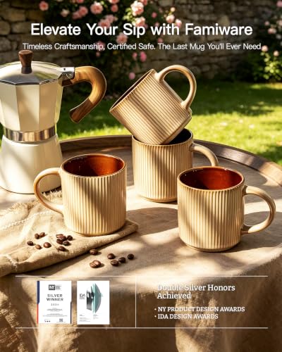 famiware Coffee Mug Set of 4, Star 12 oz Ceramic Mugs Cups Set with Handle | Stoneware Stackable Catering Cup for Coffee, Tea, Cappuccino, Latte, Microwave & Dishwasher Safe, Cream Cocoa - color: Star-Cream Cocoa, size: 4 Count (Pack of 1)