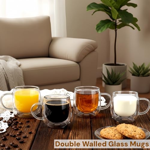 Glass Coffee Mugs Set Of 2, 10oz Double Walled Insulated Glass Mugs with Handle and Coaster, Heat Resistant Borosilicate Clear Glass Cups for Espresso Latte Cappuccino, Tea Bag, Beverage - size: 2 Pack+2 Coasters