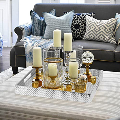 HofferRuffer Rectangle Serving Tray with Hole Handles for Coffee Table, Breakfast, Tea, Food, Butler - Countertop, Kitchen, Vanity Serve Tray, 16.2 x 12.2 x 2 inches, Faux Leather (Silver) - color: Silver