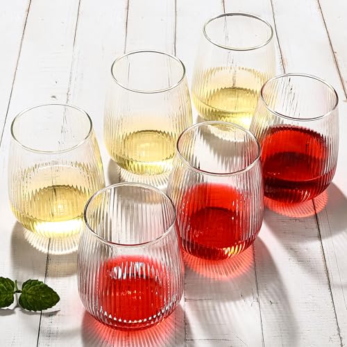 UMEIED Stemless Wine Glasses Set of 12, 17 oz Red White Wine Glasses | Clear Glassware Set for Red/White Wine Dishwasher Safe, Ideal for Daily Use Home Bar Birthdays Housewarming (Strip Texture) - color: Strip Texture