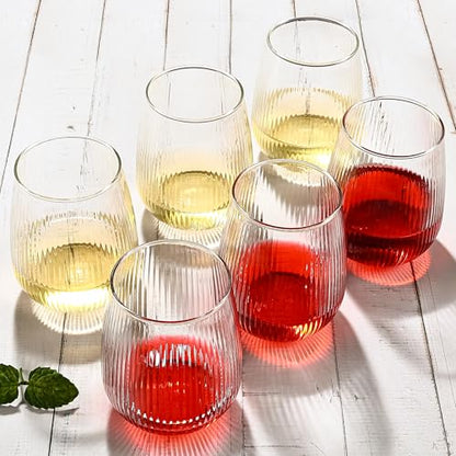 UMEIED Stemless Wine Glasses Set of 12, 17 oz Red White Wine Glasses | Clear Glassware Set for Red/White Wine Dishwasher Safe, Ideal for Daily Use Home Bar Birthdays Housewarming (Strip Texture) - color: Strip Texture