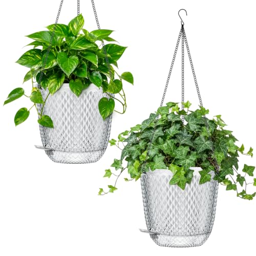 QCQHDU 7.2 Inch 2 Pack Hanging Planters for Indoor Outdoor Plants,Self Watering Flower Pots Hanging Basket,Plastic Plant Hanger with Drainage Holes and 3 Hooks for Window Porch Garden Balcony, (White) - color: White, size: 7.2"+7.2"