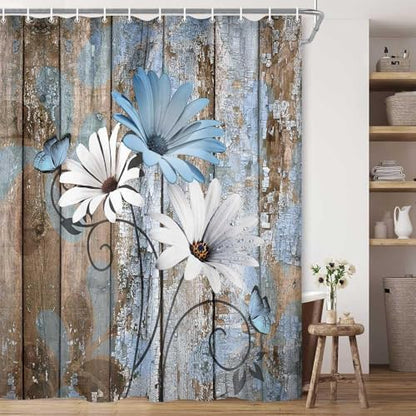 JAWO 4 Piece Blue Daisy Flower on Rustic Wooden Plank Country Style Shower Curtain Sets with Non-Slip Rugs, Toilet Lid Cover and Bath Mat, Shower Curtain with 12 Hooks - color: Blue-01, size: 5'10" x 5'10" (Rectangular)
