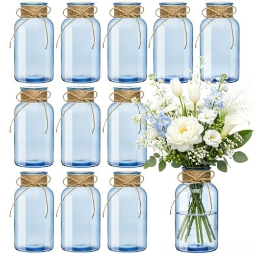 Glass Flower Vase,12 PCS Farmhouse Mason Jar for Centerpiece | Blue Vintage Vases in Bulk for Weddings, Bridal Showers, Baby Showers & Home Decor - color: Blue