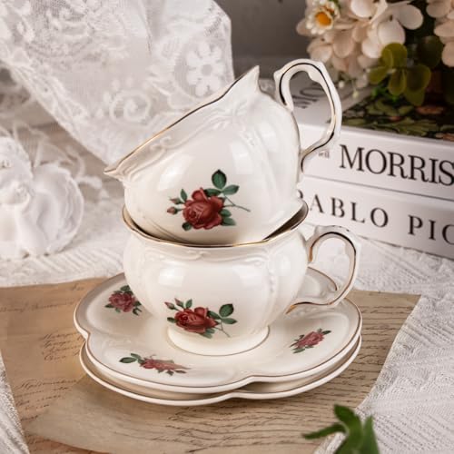KAMMAK Tea Cups and Saucers Set of 2, 6.8 oz Porcelain Coffee Cups, 564N | Stackable Espresso Mugs, Ceramic Demitasse for Coffee, Cappuccino, Latte, Americano, Tea - size: 7KPSP564N
