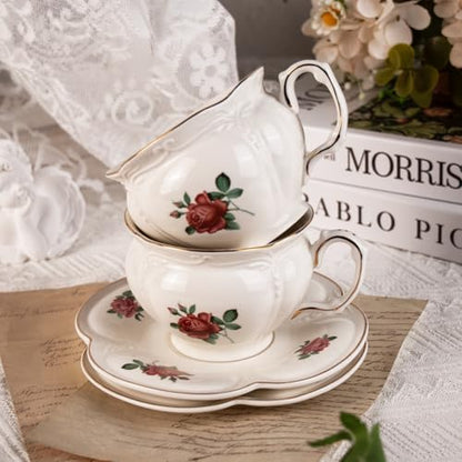 KAMMAK Tea Cups and Saucers Set of 2, 6.8 oz Porcelain Coffee Cups, 564N | Stackable Espresso Mugs, Ceramic Demitasse for Coffee, Cappuccino, Latte, Americano, Tea - size: 7KPSP564N