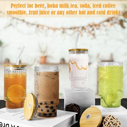 Glass Cups with Lids and Straws 16 oz Drinking Glasses Set of 8 | Ribbed Hobnail Glassware with Bamboo Lid, Iced Coffee Glass Tumbler with Straw and Lid for Hot Cold Drinks Home Kitchen - color: 16oz Mixed*8, size: 16oz