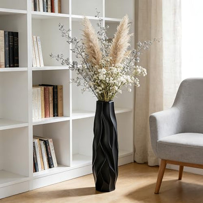 Black Tall Ceramic Floor Vase, 24 Inch, Pleated Wave Design | Matte Finish, Living Room, Fireplace, Entryway, Pampas Grass - size: 24 Inch