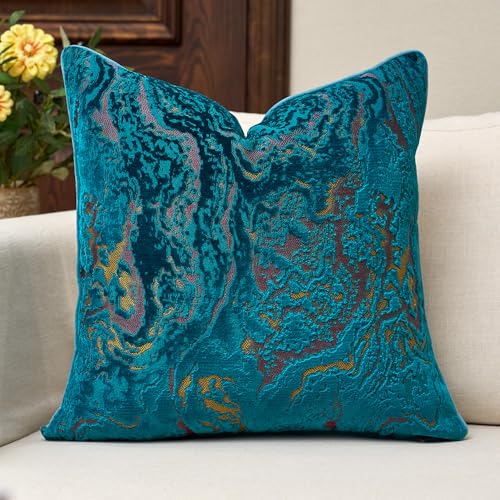 Throw Pillow Cover 18x18, Blue Velvet Pillow Cover for Modern Decor | Neutral Patterned Decorative Accent for Couch Sofa Living Room Bedroom, Square Jacquard Cushion Cover with Luxury and Visual - color: Peacock Blue, size: 18" x 18" (Pack of 1)