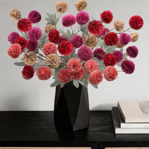 INQCMY Artificial Silk Mums 20" Faux Stem Kiku Flowers for Vase Home Decor | 12 Pcs Fake Chrysanthemums Fall Flower, Realistic Pompon Balls Bouquets for Living Room Wedding Centerpieces Indoor - color: Deep Orange Red Coffee Deep Purple