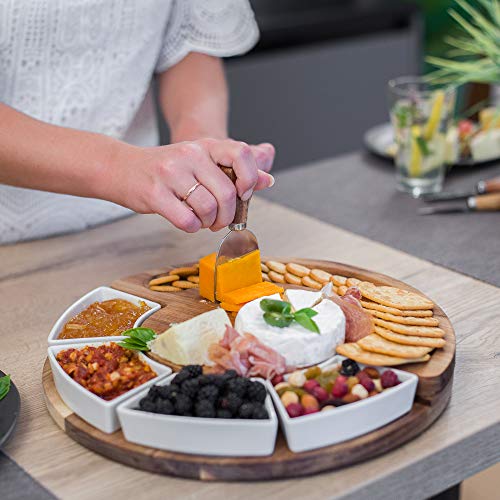 ChefSofi Charcuterie Board Set and Cheese Serving Platter - Made from Acacia Wood - US Patented 13 inch Cheese Board and Knife Set for Entertaining and Serving - 4 Knives and 4 Bowls - size: 13 inch