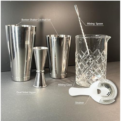 Lily's Home 6-Piece Boston Cocktail Shaker Set: Boston Shaker Cocktail Set,Mixing Glass, Mixing Spoon,Dual Sided Jigger and Stainer,for Home Mixology,Cocktail Lovers & Beginner