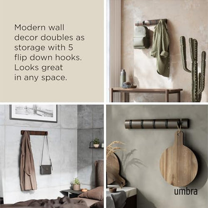 Umbra Flip Coat Rack, Wall Mounted 5-Hook Space Saving, Walnut/Black | Real wood and steel build, retractable hooks fold flat, holds coats bags and scarves, easy install - color: Walnut/Black, size: 5-Hook