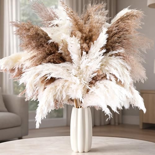 50 PCS Tall Pampas Grass for Floor Vase – 17" Natural Fluffy Dried Pampas Grass Stems, Large 20 White & 30 Brown Pоmpas Grass, Boho Pampas for Wedding, Home Decor, Halloween, Christmas