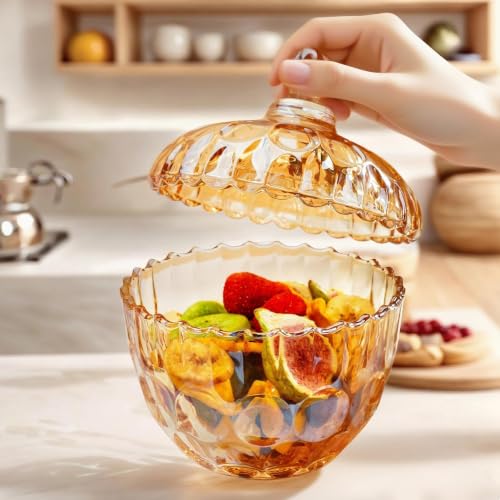 22 oz Glass Candy Dish with Lid, Vintage Cookie Jar, Covered Candy Jar | Amber Decorative Candy Dish for Office Desk Coffee Table, Crystal Candy Bowl for Easter, Weddings, Buffet Parties & Holidays - color: Amber,22 oz