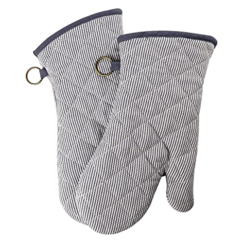 Yarn Dyed Oven Mitts 1 Pair, 100% Cotton Heat Resistant 470 Degree | Oven Gloves for Men Women Cooking Baking Barbecue BBQ Microwave Crafting Machine Washable Pot Holders Mittens (Grey 2) - color: Gray