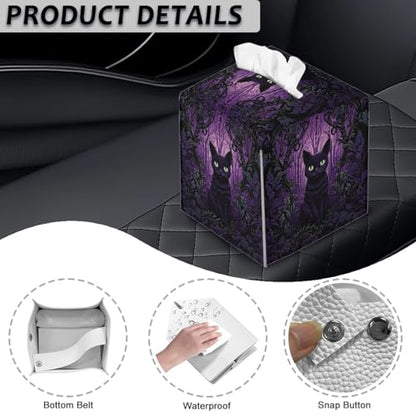 Black Cat Tissue Case Cover Square,Halloween PU Leather Tissue Case Ghost Flower Tissues Cube Box Holder with Bottom Belt Dispenser for Bathroom,Vanity Countertop,Night Stands,Desk,Car - color: Black Cat Ghost Flower Halloween