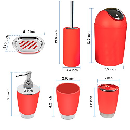 Bathroom Accessories Set, 6-Piece Plastic Gift Set, Toothbrush Holder, Toothbrush Cup, Soap Dispenser, Soap Dish, Toilet Brush Holder, Trash Can (RED) - color: Red