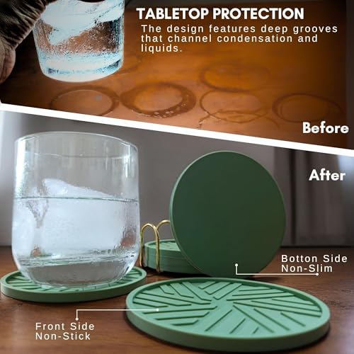 Silicone Coasters Set of 6 with Gold Holder - Modern Pattern for Prevent Sticking from Cups Coffee, Sage Green - color: Sage