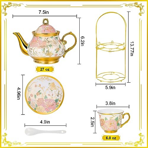 20 Pieces European Ceramic Tea Set for Adults With Metal Holder and Flower Painting (Large Cream Version) - color: Cream