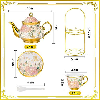 20 Pieces European Ceramic Tea Set for Adults With Metal Holder and Flower Painting (Large Cream Version) - color: Cream