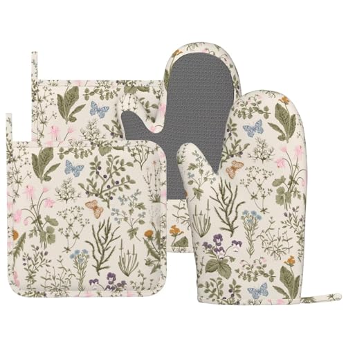 Vintage Wildflower Herbs Floral Rustic Butterfly Oven Mitts and Pot Holders Sets Silicone Kitchen Mitts Potholders Heat Resistant 4Pcs Oven Gloves Hot Pads for Kitchen Baking Cooking - color: Vintage Wildflower