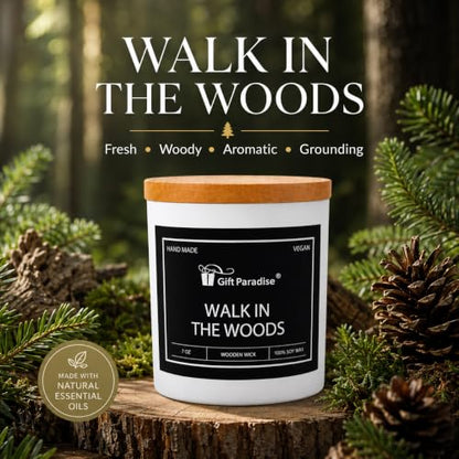 Gift Paradise® Walk in the Woods Soy Candle, 7 oz, Magnetic Gift Box | 7 oz soy candle with a wooden wick, bamboo lid and crisp eucalyptus, pine, smoky wood and tonka bean fragrance