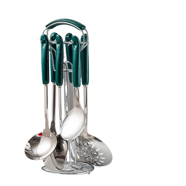 7pcs Kitchen Cooking Stainless Steel Utensils Set With Holder,Nonstick Ceramic Handle Cooking Tools Gadgets Spatula Set With Storage Organizer Stand Cookware Kitchenware Set Gift (Green Silver)