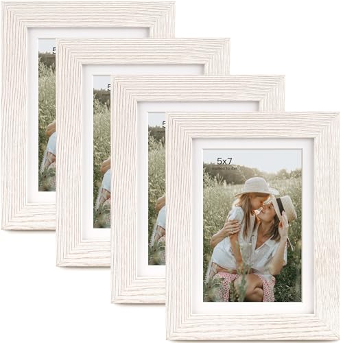Momentworth 5x7 Picture Frame with Mat for 4x6, Rustic White Wood Grain 5 x 7 Gallery Wall Picture Frames for Tabletop or Wall Mounting(4 Pack, White) - color: Rustic White, size: 5x7 - 4 pack