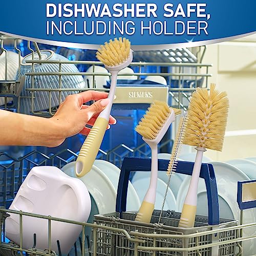 Dish Brush Set of 5 with Holder - Kitchen Scrub Brushes with Non-Slip Long Handle for Cleaning, Scrubber, Dishwashing, Dishes, Bottles, Straws, Cups, Pots & Sink, Baige - color: Baige