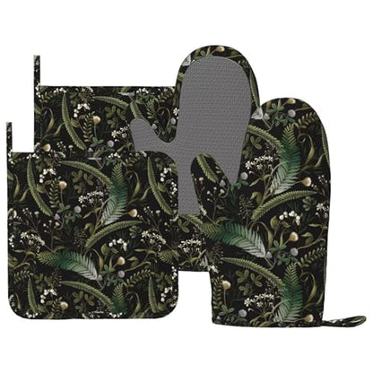 Mushrooms Oven Mitts and Pot Holders Sets Silicone Forest Plants Wild Berries Herbs Ferns Kitchen Oven Mitts Hot Pads Heat Resistant Potholders Kitchen Mitts Set for Baking BBQ Cooking - color: Black Green