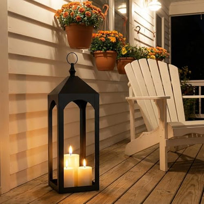 23 Inch Black Metal Outdoor Lantern with Hanging Ring Modern | Farmhouse Candle Lanterns for Porch Patio Fireplace Tabletop Decor No Glass Panel - size: 23Inch